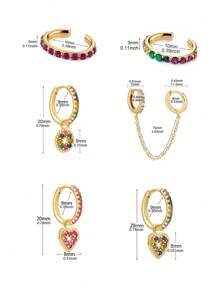 6Pcs Cute Gold Plated Cubic Zirconia Heart Dangle Earrings For Women Colorful Zirconia Flower Hoop Earrings Set Fashion Jewelry