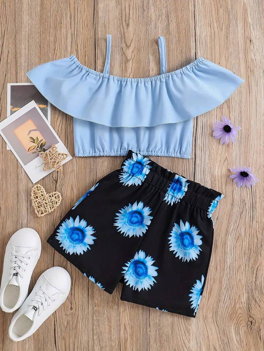 Young Girl Cold Shoulder Crop Top With Ruffle Trim And Sunflower Print Shorts Set Children Summer Outfit - Blue - View 1