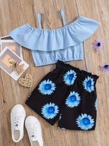 Young Girl Cold Shoulder Crop Top With Ruffle Trim And Sunflower Print Shorts Set Children Summer Outfit - Blue - View 2