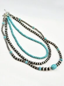 3pcs Vintage Silver Tone Turquoise Beaded Necklace, Retro Choker Necklace Suitable For Daily Wear With Various Outfits