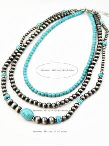 3pcs Vintage Silver Tone Turquoise Beaded Necklace, Retro Choker Necklace Suitable For Daily Wear With Various Outfits