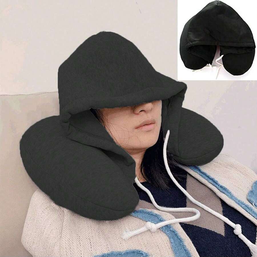 Travel Pillow, Hooded U-Shaped Pillow, Multifunctional Neck Pillow, Airplane Nap Hooded Neck Pillow Nap Pillow U-Shaped Pillow Hooded Thermal Lined Travel U-Shaped Pillow Travel Essentials Travel Supplies - Black - View 1