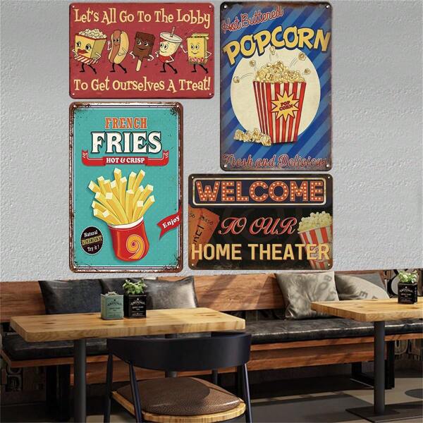 1 Pc,Metal Tin Sign Vintage Plaque Chic Art Decoration Fast Food French Fries Hot Buttered Popcorn Let's All Go To The Lobby To Get Ourselves A Treat For Movie Theater Cinema Home Bar Cafe Farm Store Garage Or Club 12" X 8"Water-Proof Dust-Proof