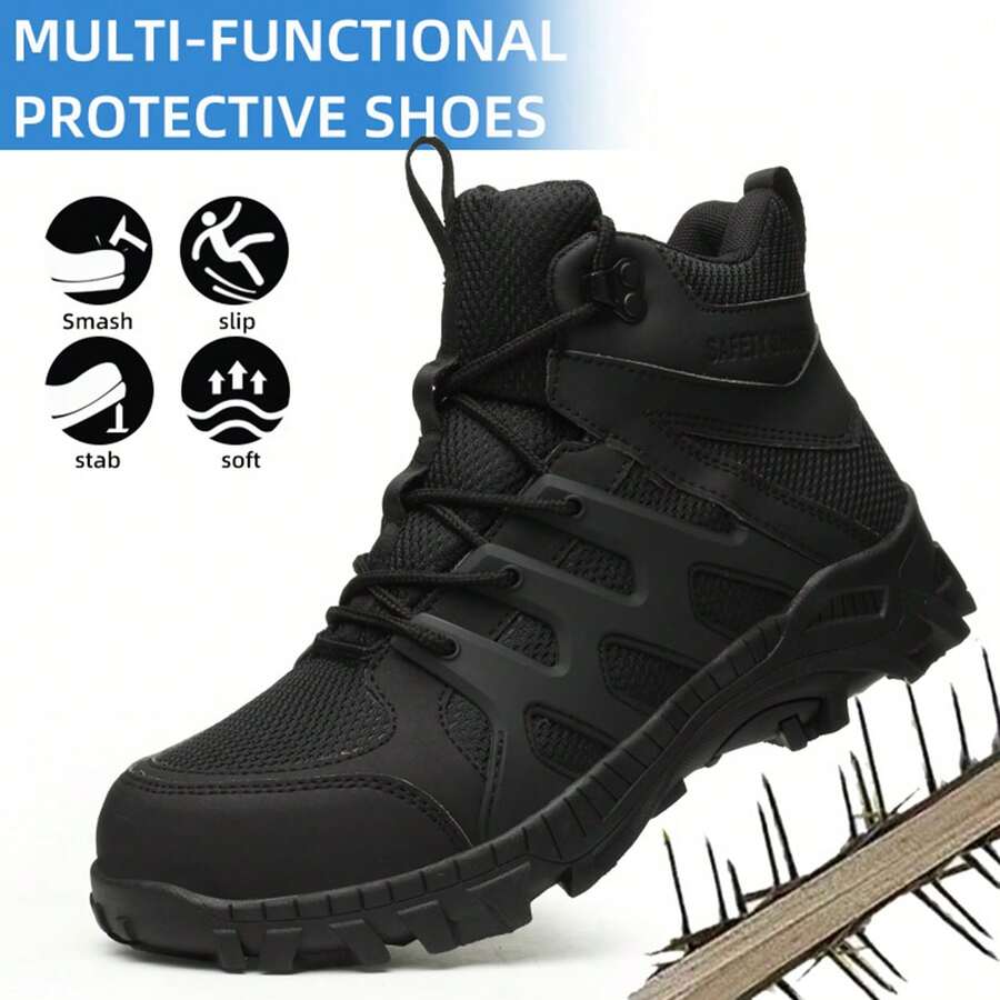 Black Steel Toe Work Shoes For Men, Steel Toe Safety Shoes With Anti Smash And Anti Puncture Functions For Women, Low Cut Safety Boots For Industrial Outdoor Construction, Garden Construction, Foot Protection For Daily Commuting, Office Sports Shoes - Black - View 1