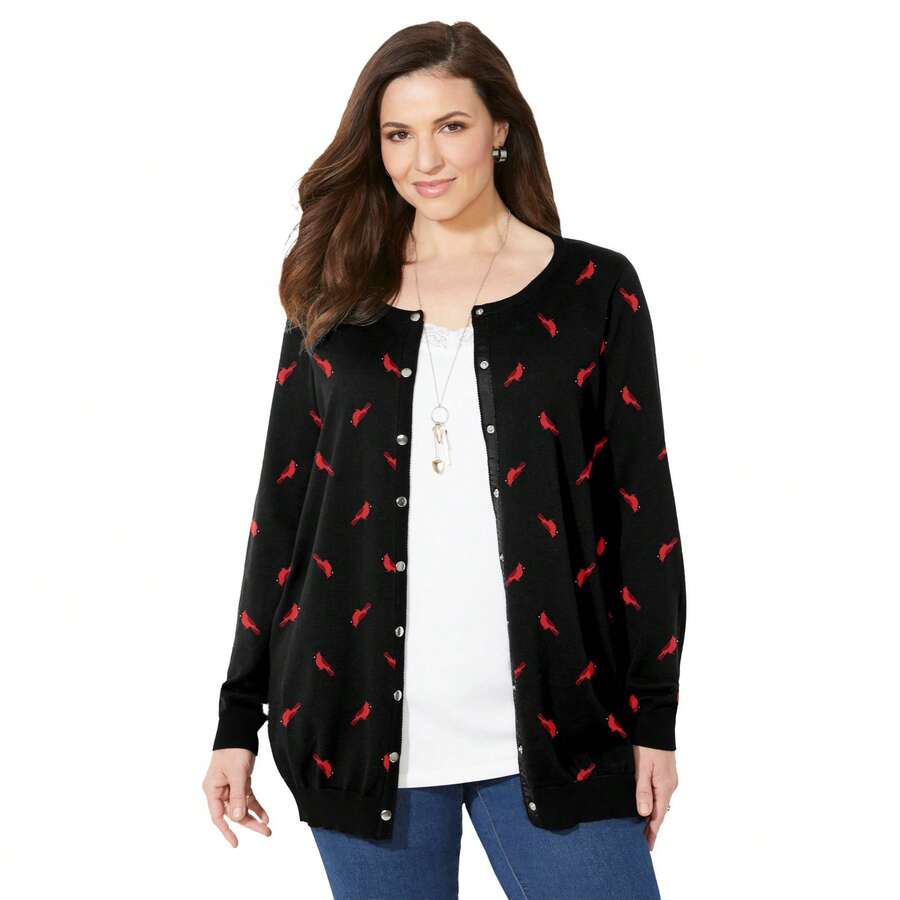 Catherines Women's Plus Size The Timeless Cardigan - 黑紅衣主教 - 查看 1