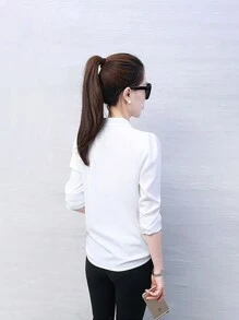 Señoras de color sólido de moda suelta camisa casual de manga larga, de gasa de cuello alto botón blusa delantera, ligero transpirable y cómodo tops - Azul - Ver 3