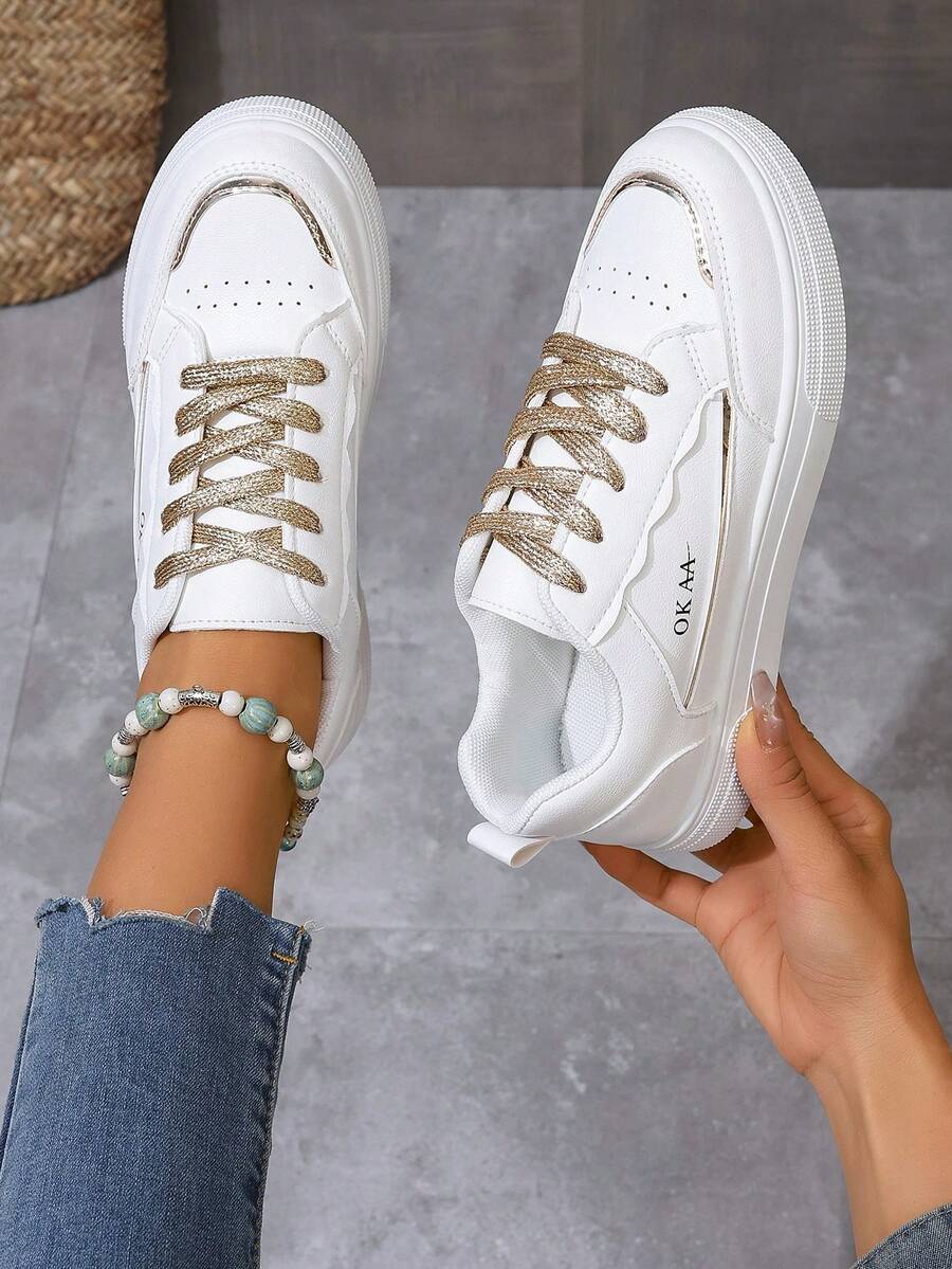 Giày thể thao màu trắng thời trang mới, giày chạy bộ mùa xuân/thu cho học sinh, giày thể thao thông thường cỡ lớn, giày đế bằng thoáng khí có cà vạt - Vàng - Xem 1