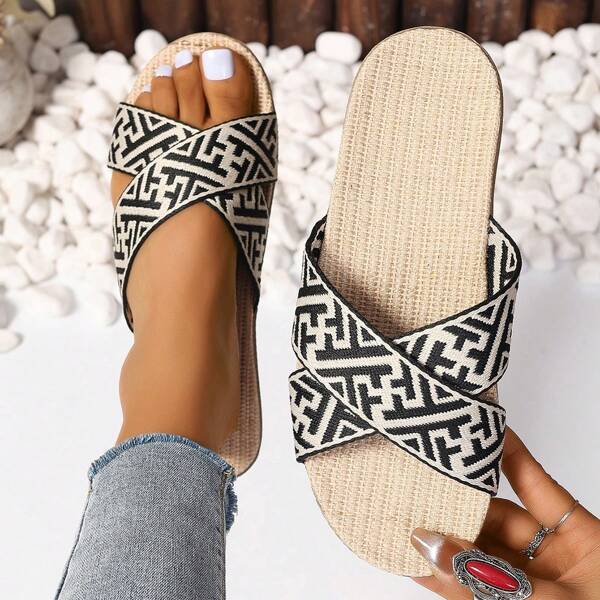 Nuevas sandalias de verano para mujer con estampado de letras en lino, transpirables y absorbentes del sudor, estilo cruzado en color caqui