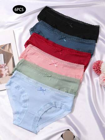 Yun Meng Ni Pack Of 6  Solid Color Sexy Lace Trimmed Soft And Comfortable Low Waist Triangle Panties With Bowknot Decorations