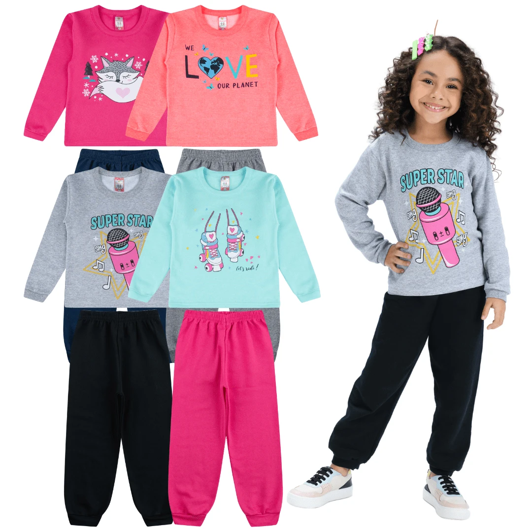 Combo 8 Peças 4 Conjuntos Roupa Infantil Menina Feminino Inverno Moletom - Multicolorido - Visão 1