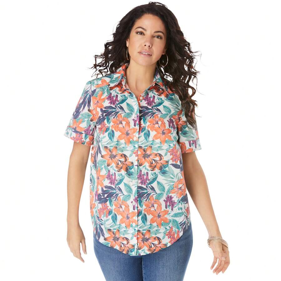 Roaman's Women's Plus Size Kate Short Sleeve Easy Cotton-Blend Button-Front Shirt - VƯỜN THIÊN ĐƯỜNG CAM - Xem 1