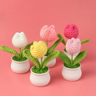 1pc Handmade Crochet Tulip Potted Plant, Mini Ornament For Desktop, Car, Office, Gift, Valentine Day, Gift Gifts Birthday Graduation Home Decor Back To School Room Decor School Supplies