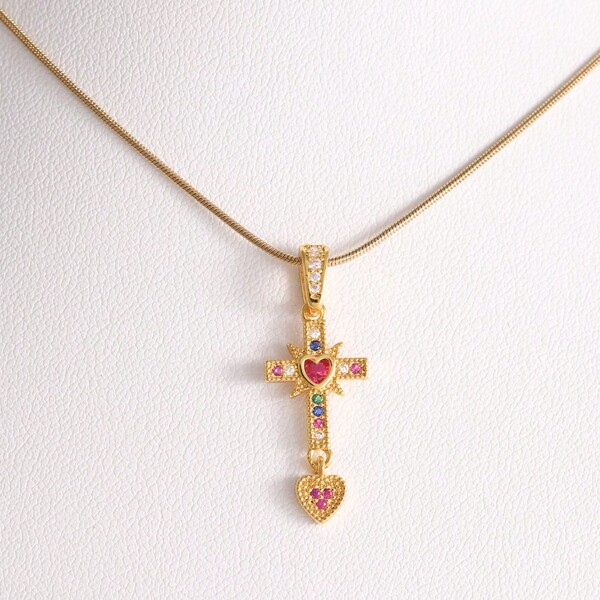 Cubic Zirconia Copper Plated 18K Gold Cross & Heart Pendant Necklace,Stainless Steel Chain Necklace For Women's Parties & Weddings Valentines