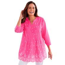 Woman Within Women's Plus Size Embroidered Pintuck Tunic - 覆盆子冰淇淋條紋孔眼刺繡 - 查看 1