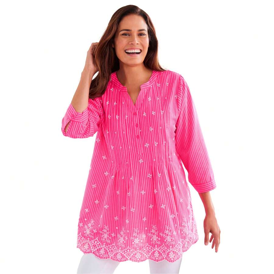 Woman Within Women's Plus Size Embroidered Pintuck Tunic - 覆盆子冰淇淋條紋孔眼刺繡 - 查看 1