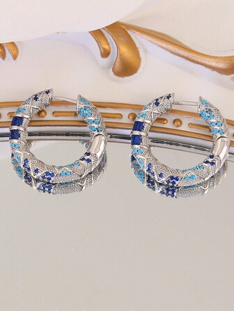 1pair New Retro Style Blue  Earrings Women Circle Hoop Earrings With European And American Advanced Sense And Light Luxury Appeal