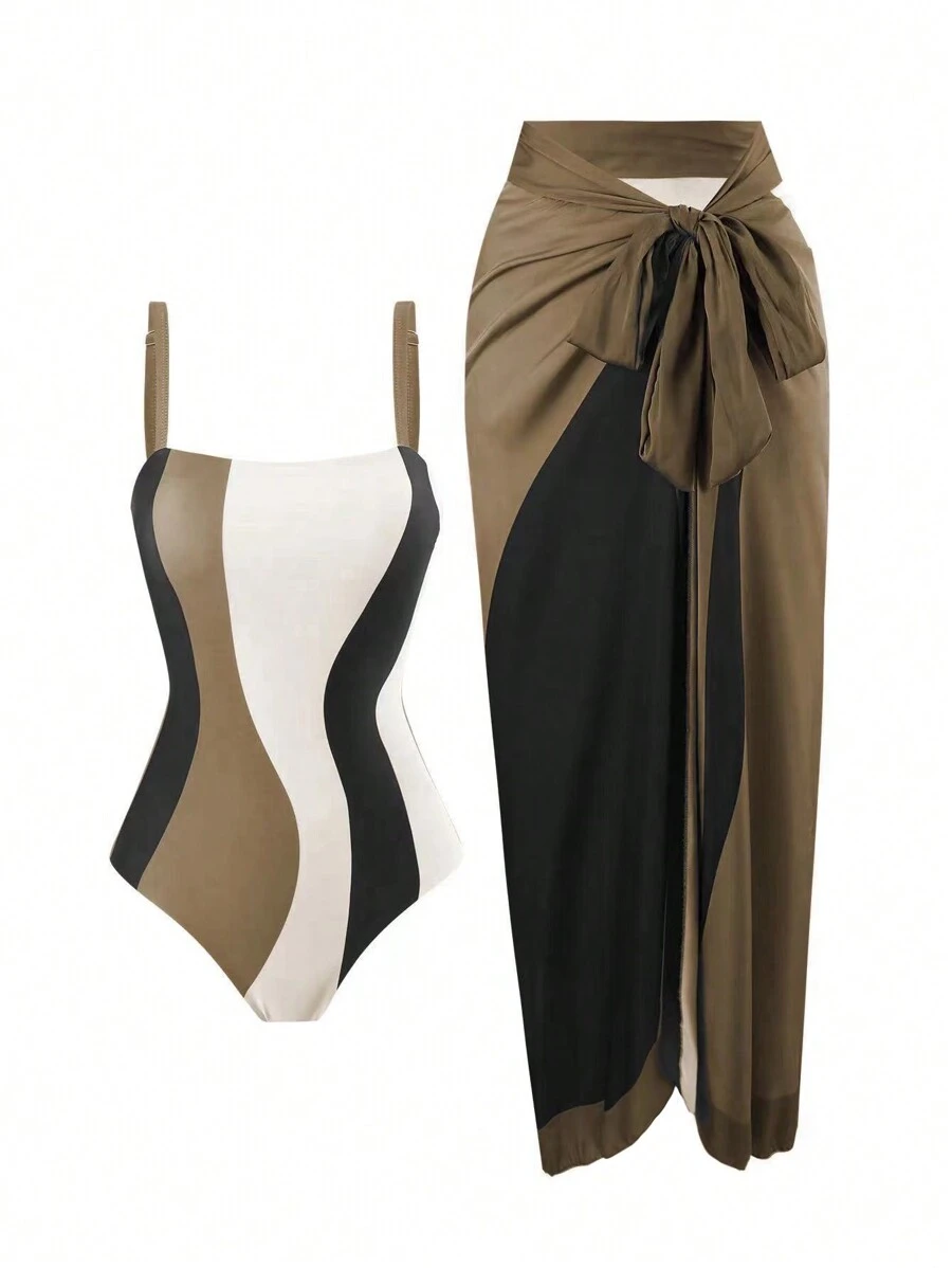 New Style Women's 2-Piece Mesh Cover Up Skirt With One-Piece Swimsuit, Perfect For Beach Holiday And Hot Spring Summer - Brown - View 1