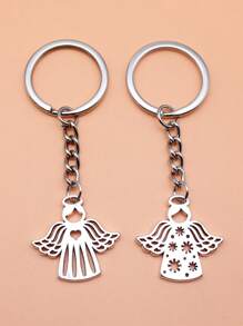 2pcs/Set Heart Angel & Flower Angel Pendant Keychain Keyring Accessories Set Guardian Angel Keychain For Girls & Women - Antique Silver - View 3