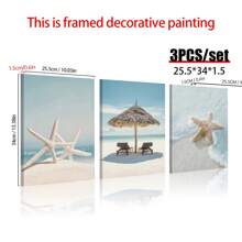 3入組海景畫作,藍色沙灘海星風景的畫布繪畫-令人驚嘆的旅遊風景海報,適用於客廳裝飾和家居裝飾,不含框架 - 彩色 - 查看 3