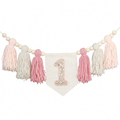 1pc Pink High Chair Banner, Glittery Tassel Floral Wreath Decor For 1st Birthday Party,Christmas