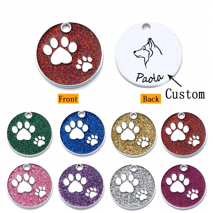 1入量身定制的迷你寵物ID標籤，紅色和銀色的狗爪圓形印花設計。標籤的背面可以定制寵物名稱，聯繫信息，住址等。這款刻字的防丟寵物ID標籤適用於小狗和貓咪。 - 紅色 - 查看 1