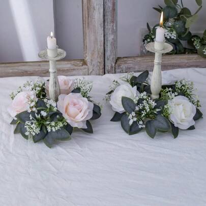 1 szt. 9,84 cala/25 cm Dekoracja festiwalowa Sztuczny wieniec z róż na imprezę weselną Dekoracja stołu, Świecznik, Wystrój domu DIY