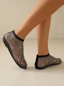 Sandały damskie w stylu europejskim z gumką i zdobieniem ze strasów, duże rozmiary, seksowne, wsuwane, z siateczki - Czarne - Zobacz 7