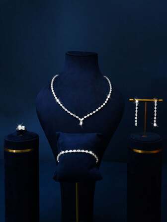 5pcs/Set V-Shape Cubic Zirconia Jewelry Set, European American Ins Style, Suitable For Women's Daily Life, Wedding, Birthday, Travel, Party