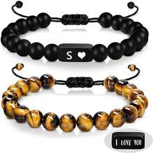 2 件虎眼石黑色哑光串珠编织手链，带不锈钢激光徽标/名称/字母/心形细节，送给情侣的最佳礼物 - 字母 - 查看 18