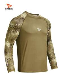 RODEEL Áo thun câu cá ngoài trời dài tay nhanh khô in họa tiết Raglan cho nam - Màu Khaki - Xem 1