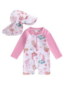 2Pcs Baby Girl Bathing Suit Set Sea Shell Print Long Sleeve Rash Guard Swimsuit Wide Brim Sun Hat Beachwear