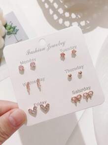 6 Pairs Love Bow-Knot & Miniature Ball Stud Earrings Set - Rose Gold - View 1