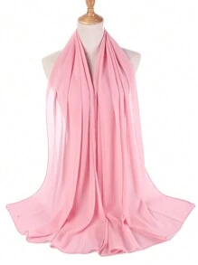 1盒女士纯色雪纺日常头巾套装，雪纺穆斯林头巾，婚礼回礼（6条头巾+2个头巾夹） - 粉色 - 查看 9