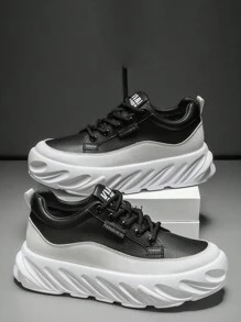 Novos Sapatos Masculinos Plataforma Tênis, Todos os Estilos Casuais com Sola Grossa, Streetwear Remendado, Sapatos Elevados para Homens - Preto e Branco - Visão 5