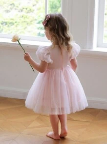 Girls' Pink Princess Dress With Puff Sleeve, Spring/Summer Child Fantasy Style - Pink - View 3