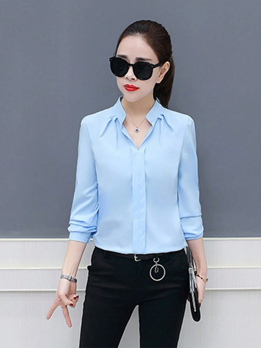 Señoras de color sólido de moda suelta camisa casual de manga larga, de gasa de cuello alto botón blusa delantera, ligero transpirable y cómodo tops - Azul - Ver 1