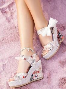 حذاء نسائي ذو كعب عالي مطبوع عليه زهور ونعل بلاتفورم، صنادل بأشرطة الكاحل، أصابع القدم المفتوحة ونعل اسبارييل خريفي - الأحمر - مشاهدة 1