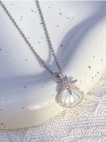 1個不鏽鋼時尚壁龕設計海星貝殼吊墜，鋯石細節鈦鋼項鍊 - 海星 - 查看 8