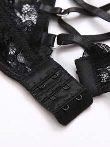 Black Lace Sexy Lingerie Set Black Lace Decorative Chain Bra Women's Sexy Underwear (1 Set 4 Pieces) - Black - View 7