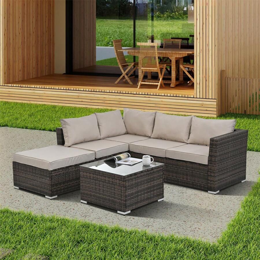 4 Pieces Patio Furniture Set, Patio Conversation Set All Weather Outdoor Sectional Wicker Rattan Patio Seating Sofa With Cushion And Glass Table - White - View 1