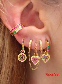 6Pcs Cute Gold Plated Cubic Zirconia Heart Dangle Earrings For Women Colorful Zirconia Flower Hoop Earrings Set Fashion Jewelry