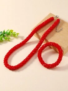 1pc Necklace And 1pc Elastic Bracelet Set, Handcrafted With Faceted Rice Beads, Bohemian Fairy Style For Travel, Beach Or Festival With Imitation Crystal & Gemstones. 10 Color Variations Available For Women, Perfect For Daily Wear, Business Or Festive Occasions. - Bracelet Necklace Set - View 20