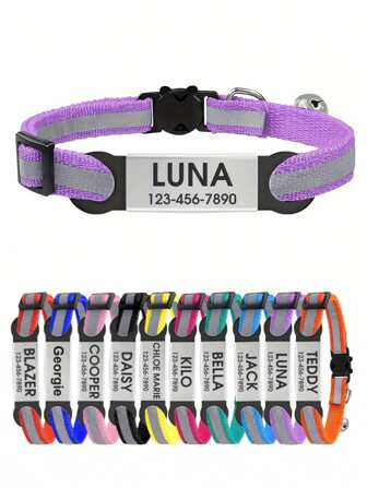 Personalized Reflective Pet Collar, Adjustable With Anti-Choking Buckle, With Bell And Silicone Name Tag, Suitable For Daily Use Of Small And Medium Female Cats Or Male Cats, Cute And Fashionable Ornamental Stylish,Fashion,Colorful,Vintage,Cute,Contracted,Cuties Custom,Unique,Customized,Personalized Pet For Anniversaries,For Birthdays