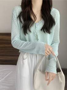 1pc Women Summer Lace Floral Sheer Long Sleeve Sun Protection Shirt, V-Neck Short Style Top - Multicolor - View 10