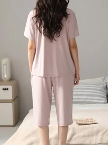 2pcs Women's Modal Pajama Set, Short Sleeve Top & 3/4 Pants, Soft And Comfortable Loungewear