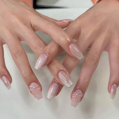 24 chiếc Móng tay giả lấy cảm hứng từ châu Âu và Mỹ Bạc gợn sóng hình hạnh nhân + 1 Gel thạch + 1 Dũa móng tay Ấn vào móng tay Đồ dùng làm móng