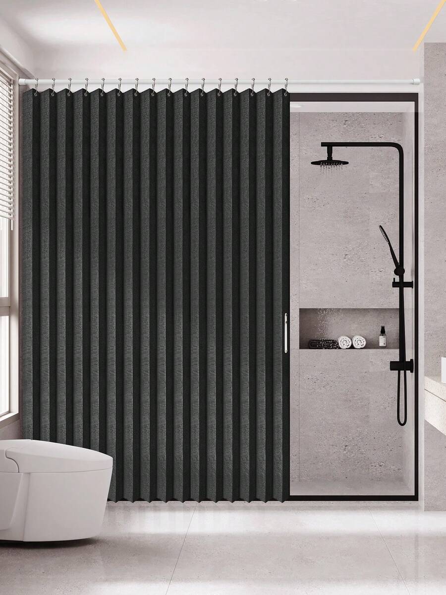 1pc Magnetic Folding Shower Curtain - Waterproof Pleated Accordion Style For Daily & Hotel Use - Black - View 1