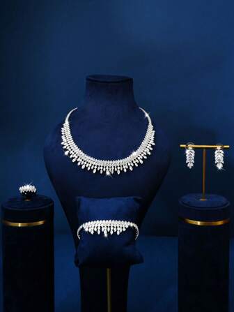 Set de joyas brillante y glamoroso de 5 piezas que incluye collar, aretes, anillo y pulsera con zirconia cúbica, adecuado para mujeres en viajes, fiestas, bodas y como regalos de cumpleaños / festivos