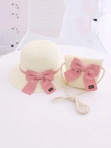 1set Cute Bowknot Sun Hat For Girls, Summer Bucket Hat For Baby, Princess Sunbonnet With Large Brim And Matching Bag