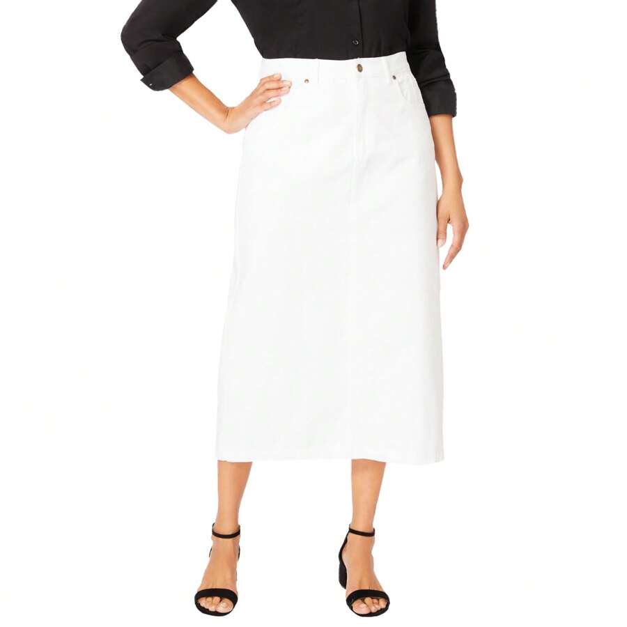 Jessica London Women's Plus Size Classic Cotton Denim Midi Skirt - 白色 - 查看 1